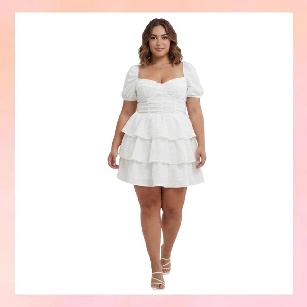 PrettyLittleThing White Textured Puff Sleeve Tiered Ruffle Mini Dress US 12